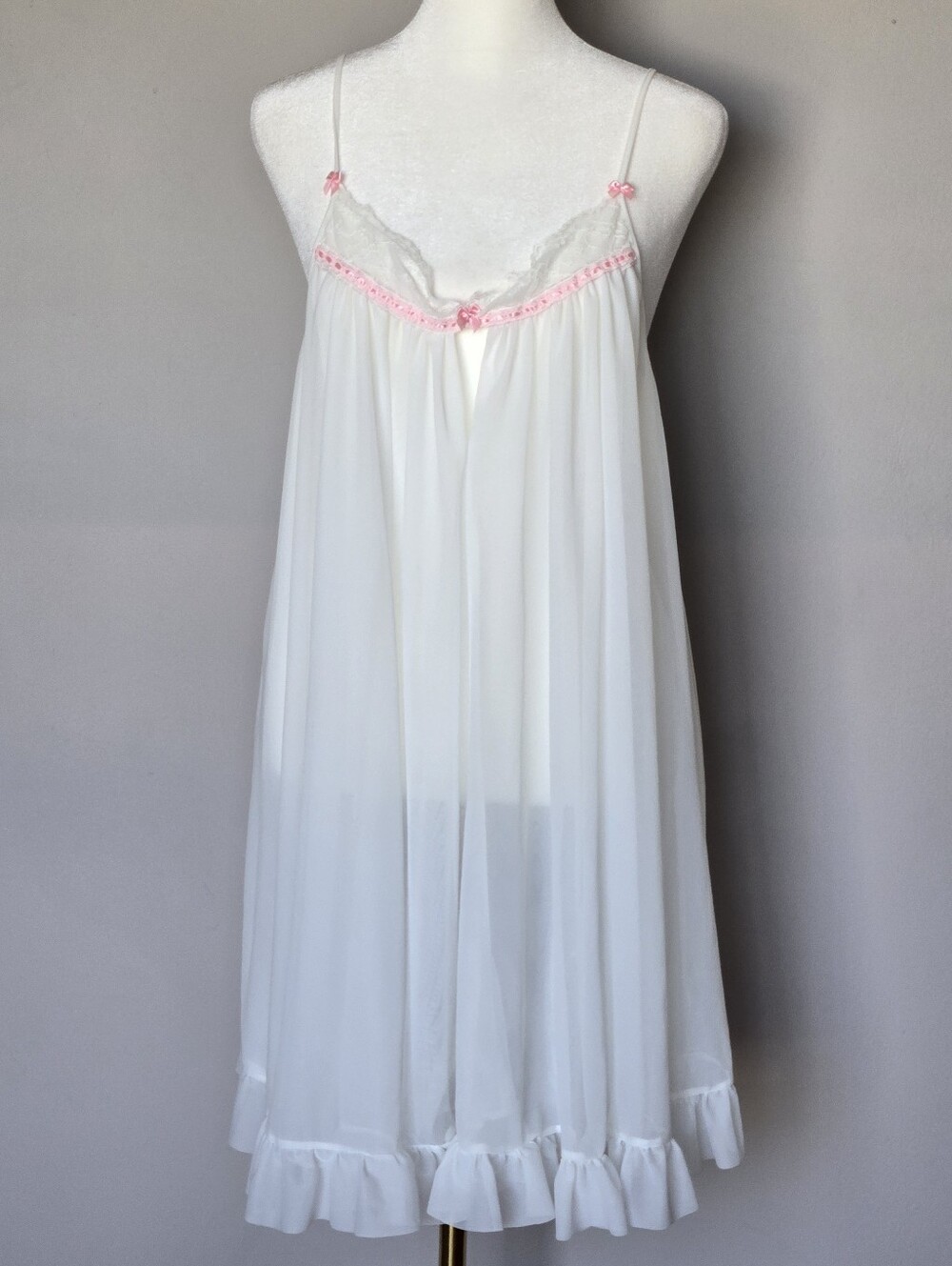 Betsey Johnson White Chiffon Babydoll Nightgown with Pink Trim - Women Intimates - Picture 7 of 8